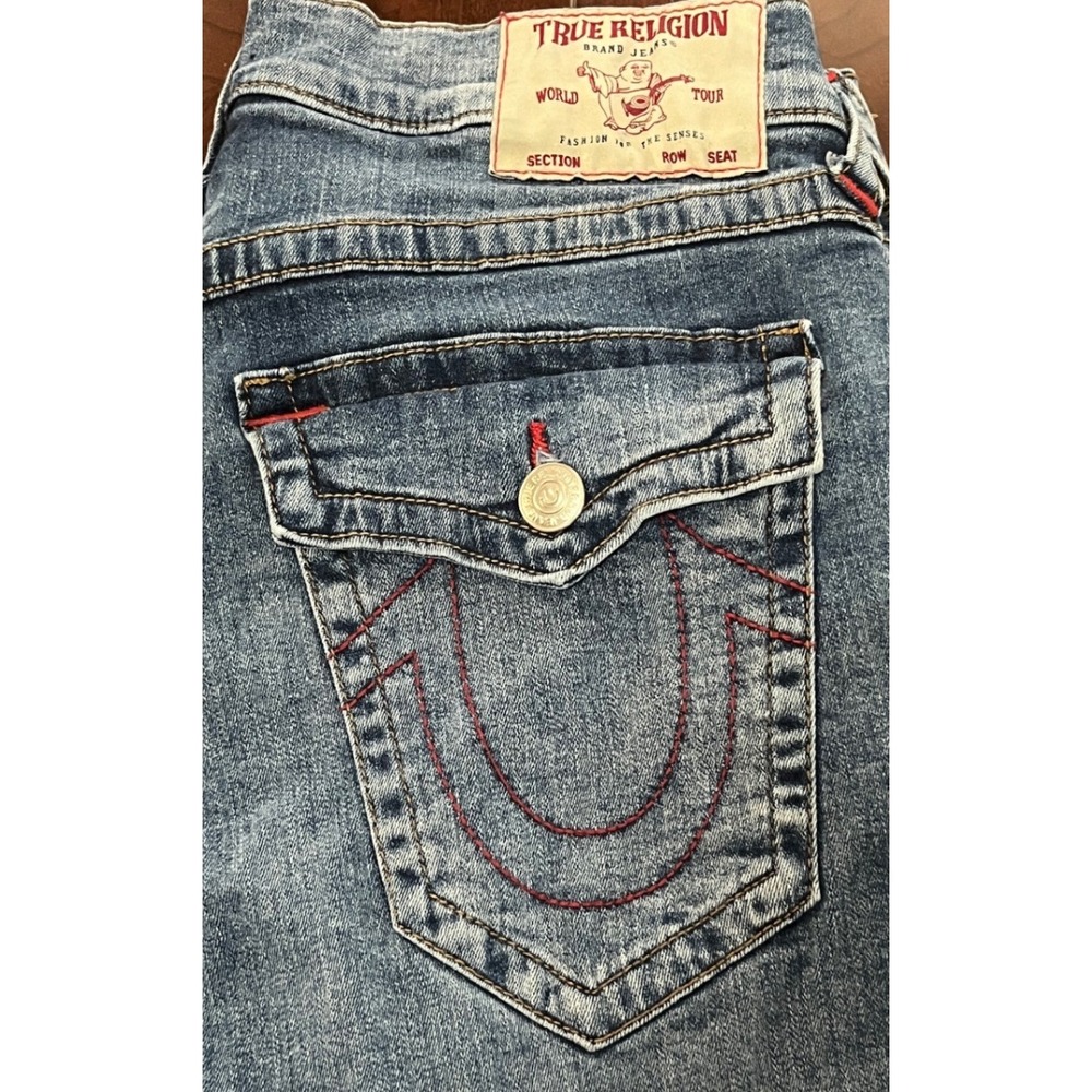 True Religion Ricky Relaxed Straight Jeans Mens 32 Blue Red Thick Stitch Flap